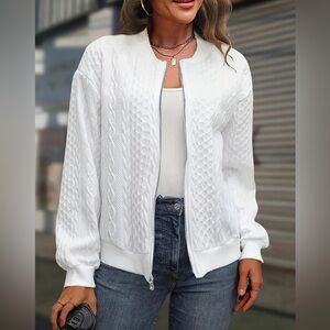 Solid Textured Full Zipper White Sweater- M